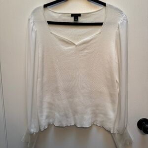 Halogen Sweetheart Neck Balloon Sleeve Mixed Media Sweater Blouse -White - Large